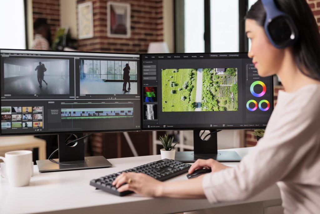 Nonton Film video editor editing audio film montage with post production software computer videographer working movie footage edit with color grading visual sound effects home min