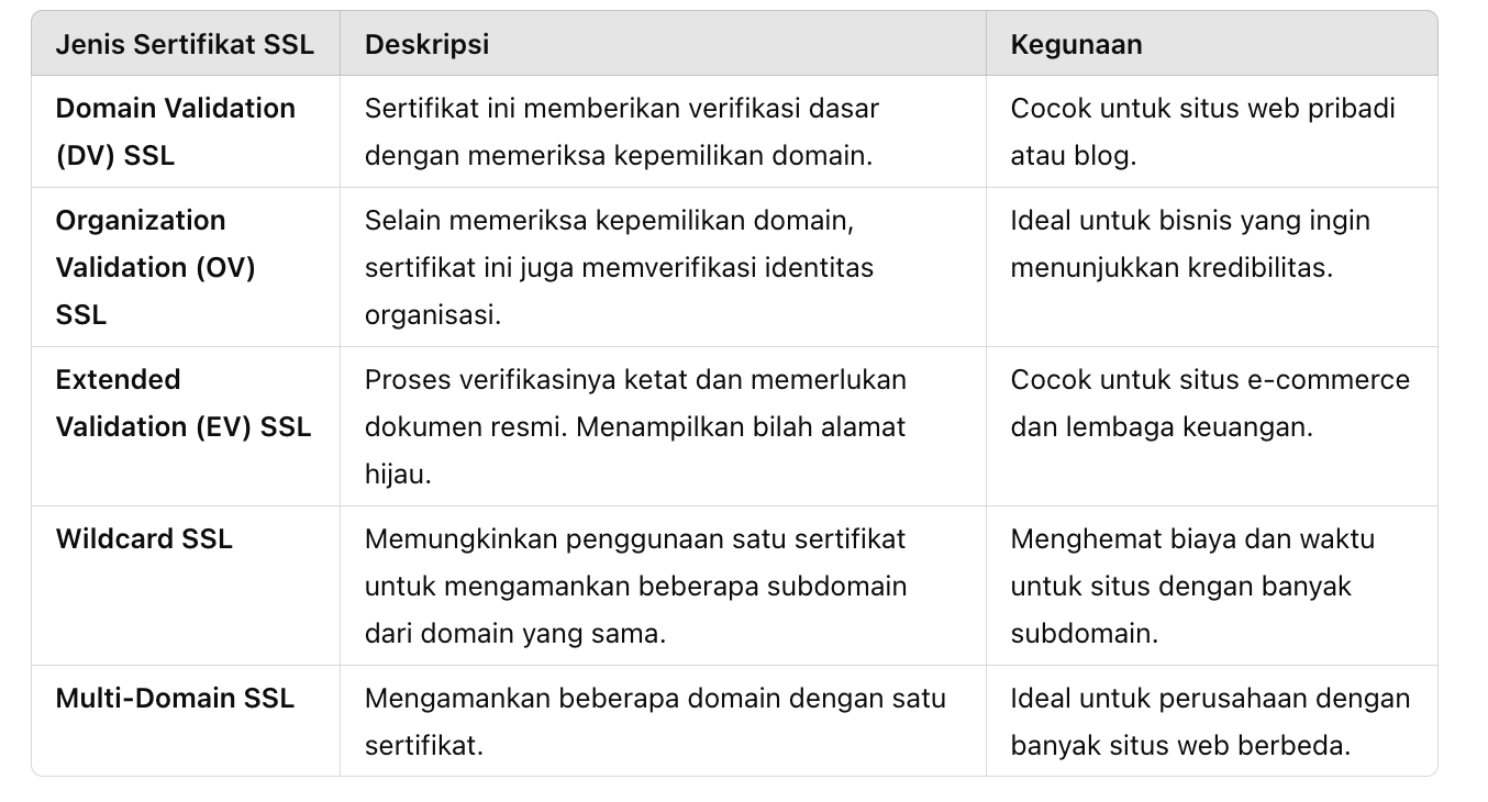 Jenis-Jenis SSL, Jenis-Jenis yang dimiliki SSL