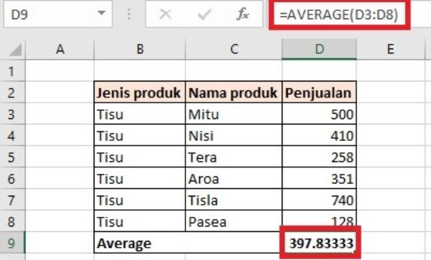 Gambar 1. Fungsi average di excel