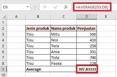 Gambar 1. Fungsi average di excel