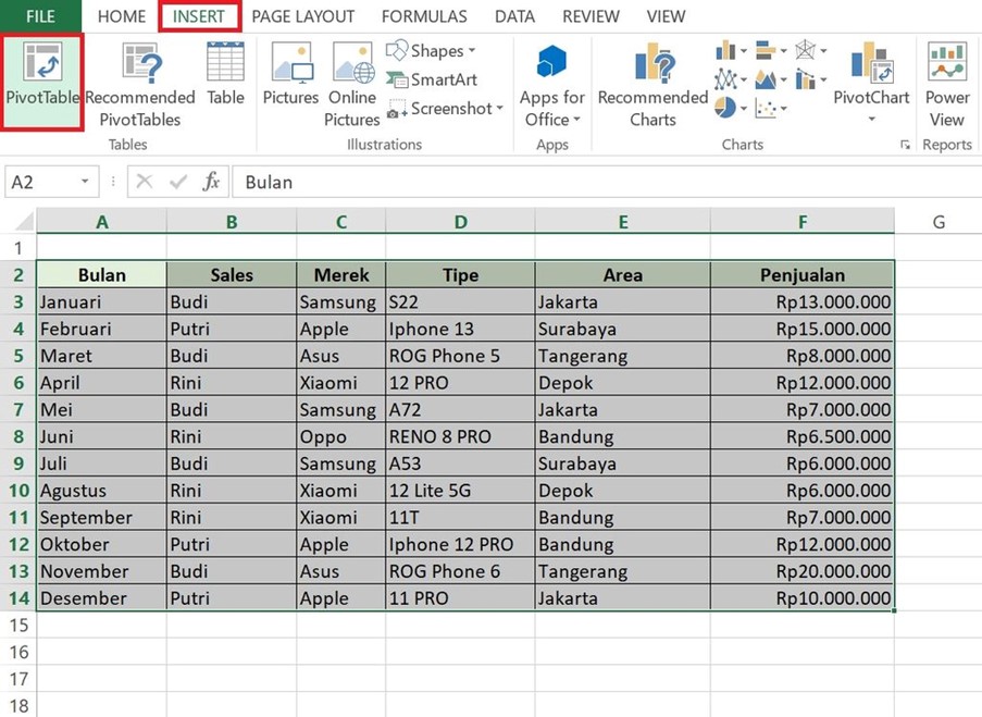 Gambar 1. Pengertian fungsi cara membuat pivot table di excel
